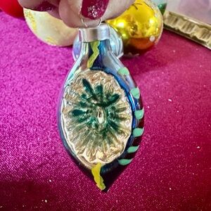 Hand-Painted Blue Glass Ornament with Teal and Gold Accents reflector ornament